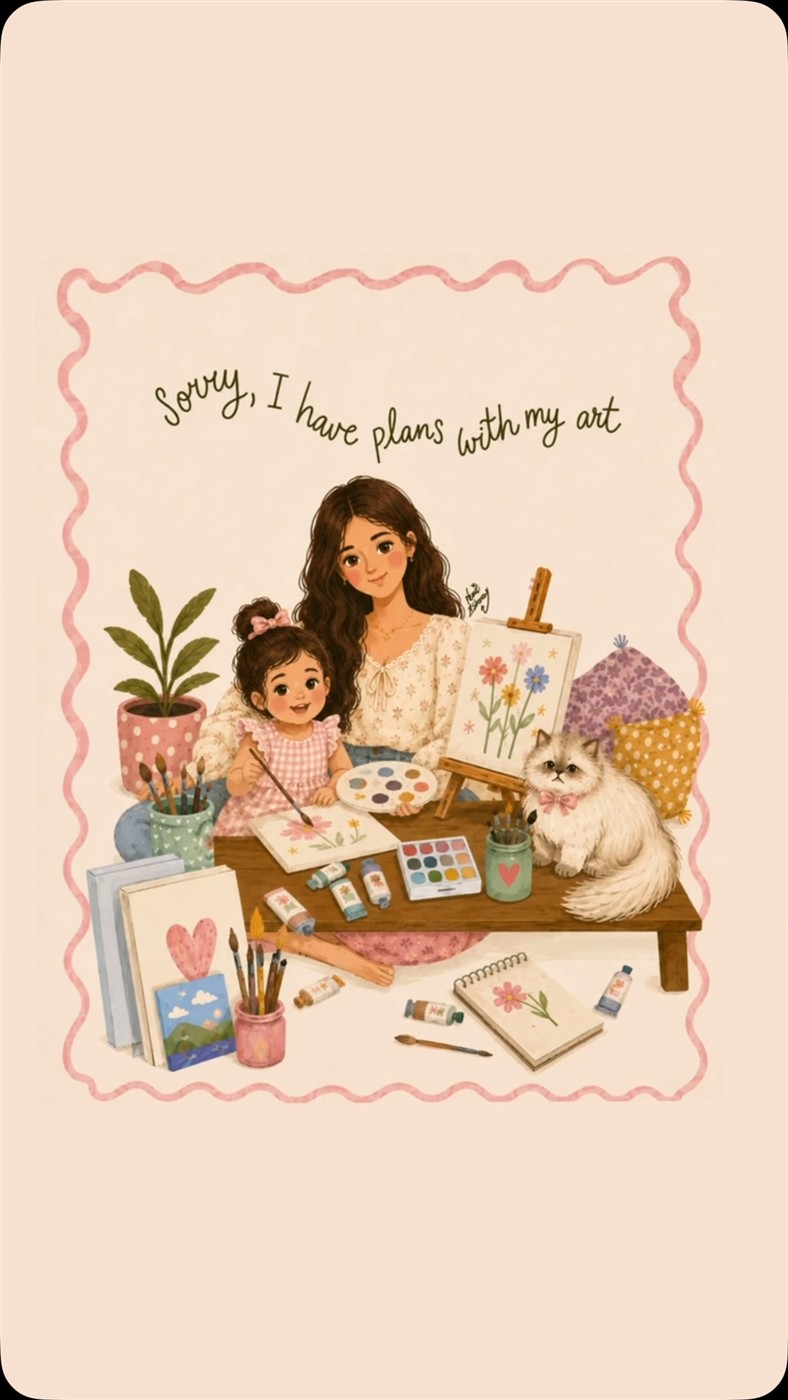 Merit’s warm digital illustration of a mother and daughter painting with their cat